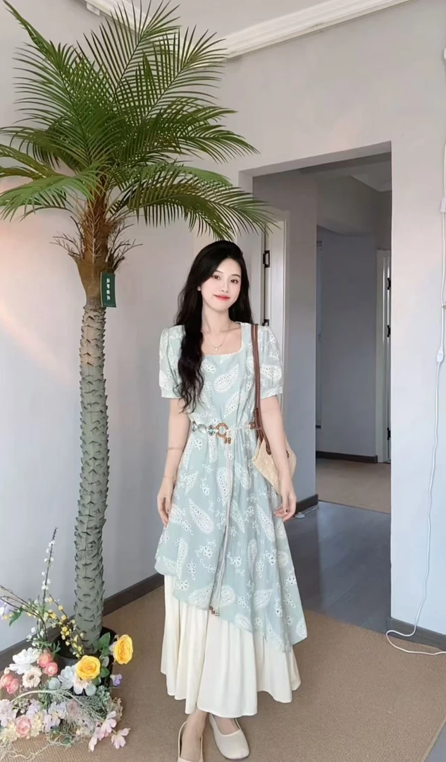 AN.XIN【春满园】法式重工不规则拼接假两件小清新甜美连衣裙5588