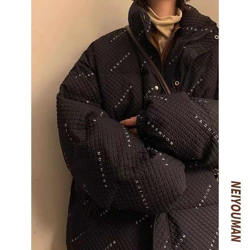 华夫格棉衣男士加厚外套冬季新款潮牌保暖面包服青少年宽松印花