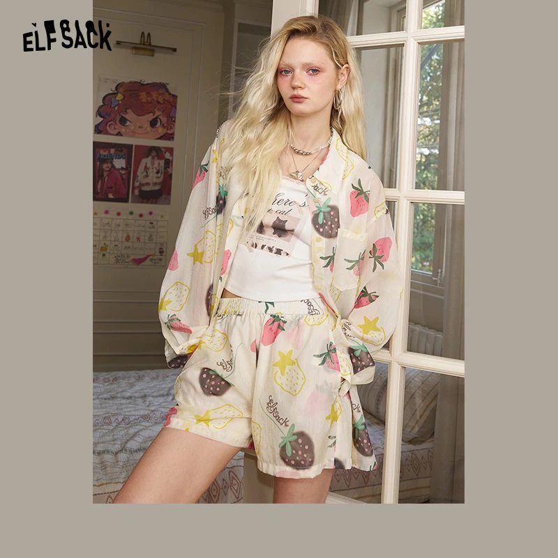 妖精的口袋草莓印花雪纺衬衫短裤两件套女2025夏季新款肌理感套装