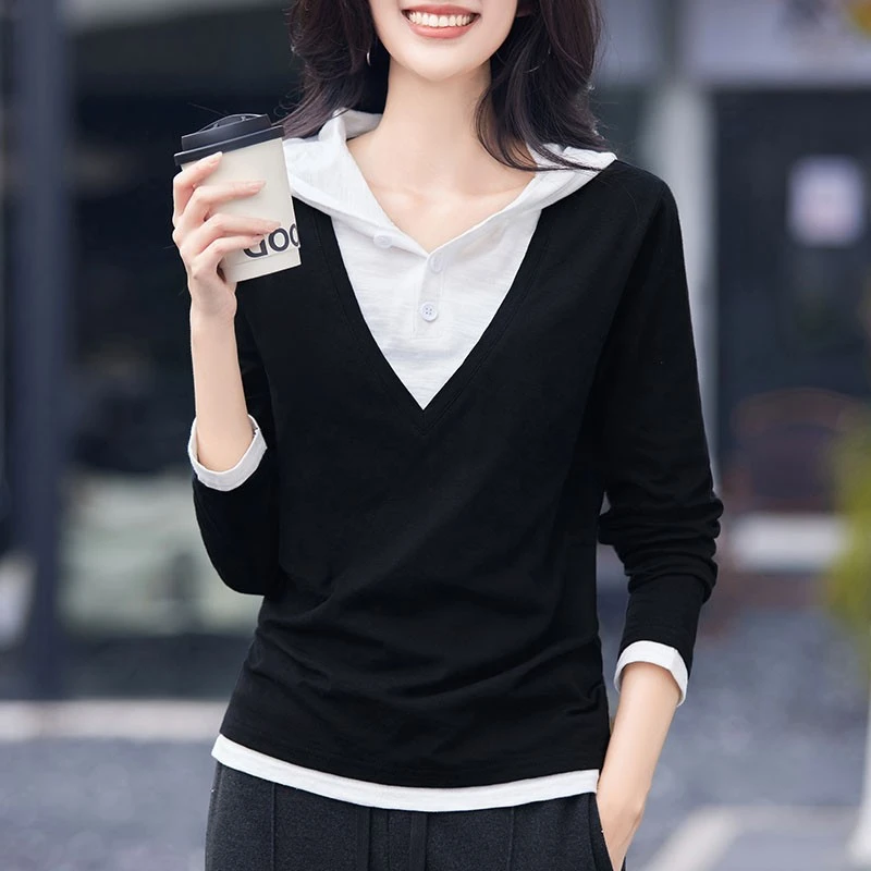 黑色假两件连帽长袖t恤女早春装2025新款纯棉带帽内搭上衣打底衫