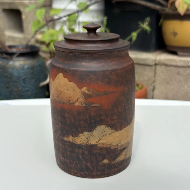 【陶点茶】建水紫陶茶叶罐茶罐冯习阳纯手工阴刻阳填古铜碳化200g