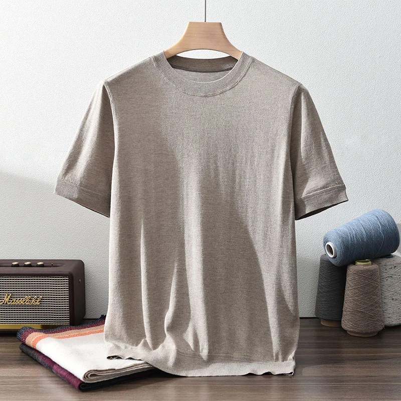 新款男士18针精纺丝绒圆领短袖康赛尼纱加密经典平面简约百搭T恤