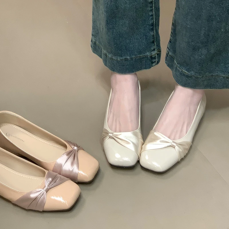 法式温柔蝴蝶结晚晚单鞋女浅口一脚蹬内增高拼接瓢鞋