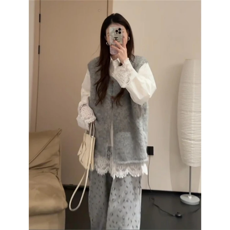 春季一整套女装2025年新款韩系穿搭蕾丝花边衬衫马甲阔腿裤三件套