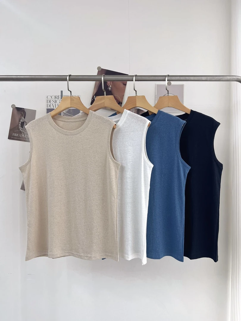【汉麻混纺】夏季休闲纯色圆领亚麻无袖背心舒适百搭款LS