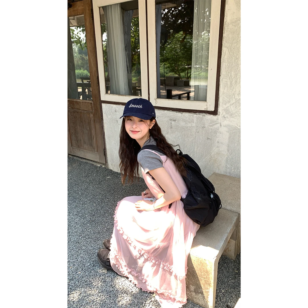 RAINY少女感木耳花边吊带连衣裙女夏季设计感宽松显瘦a字长款裙子