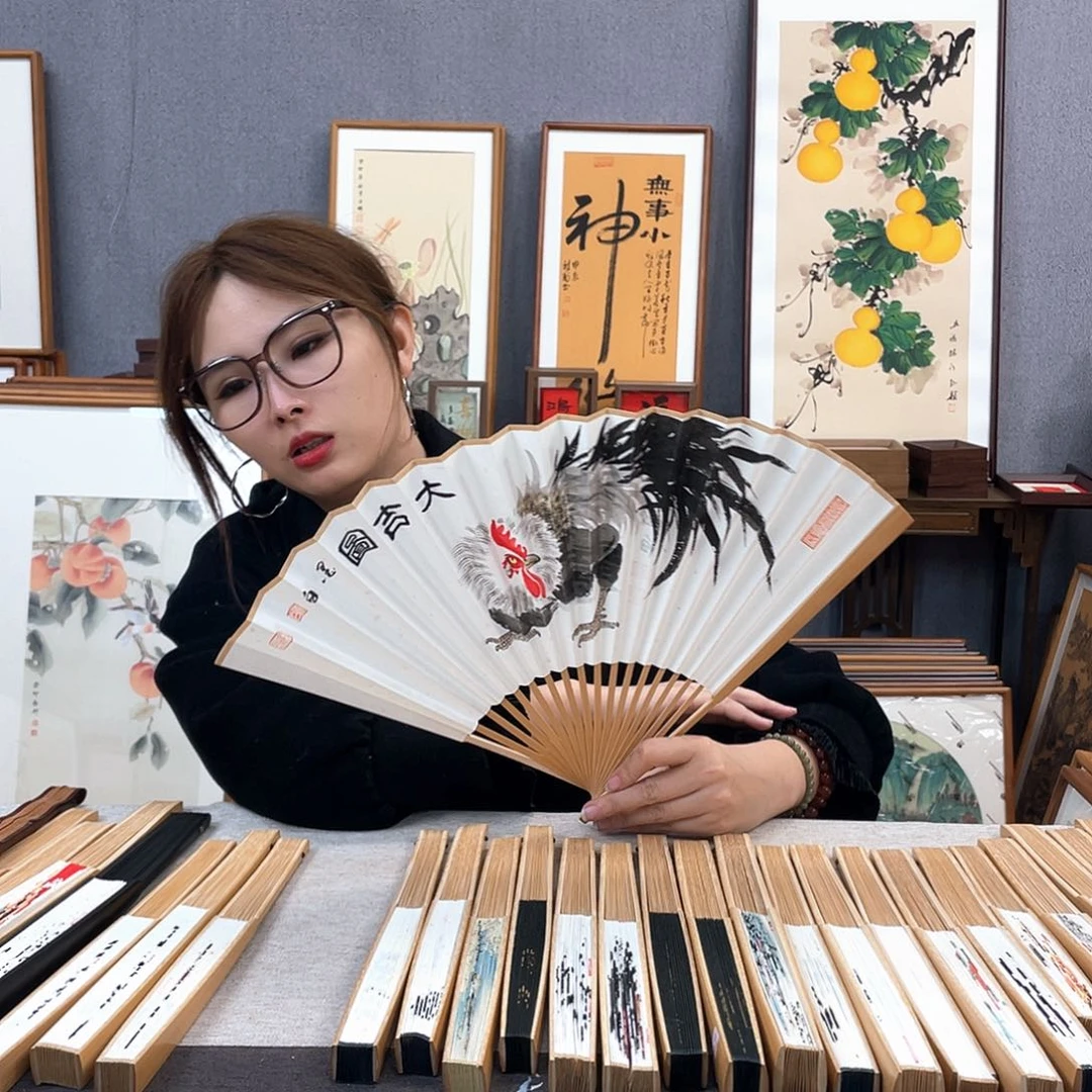 国画95寸玉竹-纯手绘-文玩扇骨（默认粘好）