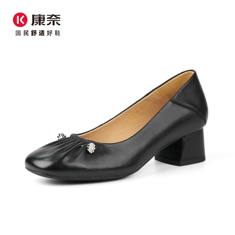 Kangnai/康奈52488专柜正品2025春真皮粗中跟浅口羊皮方头女单鞋