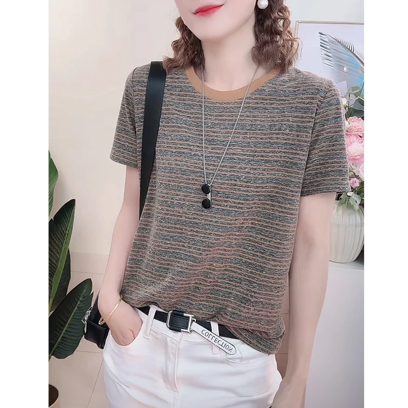 2025年夏季条纹短袖T恤女圆领显瘦洋气休闲打底衫上衣 205A-0410