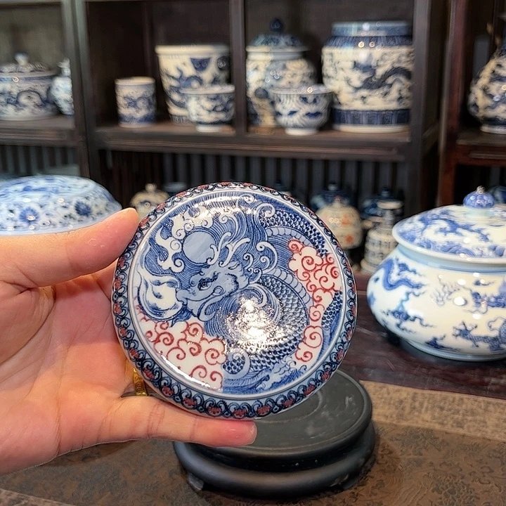 瓷片青花釉里红龙纹盖置