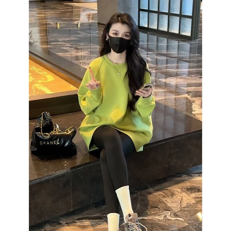 韩版圆领长袖中长款卫衣女春季新款时尚洋气百搭宽松显瘦上衣外套
