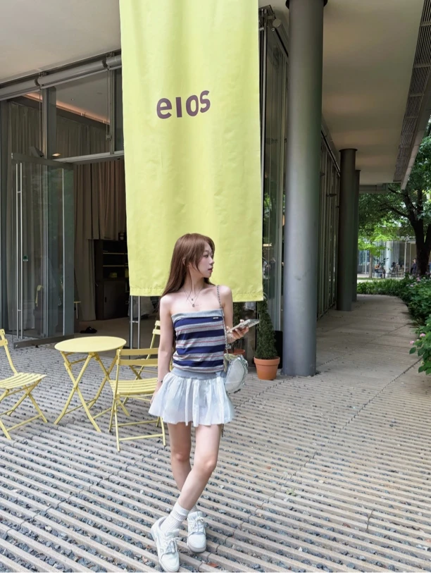 Pomelo【m*iu系学妹】条纹撞色针织 抹胸百褶裙两件套