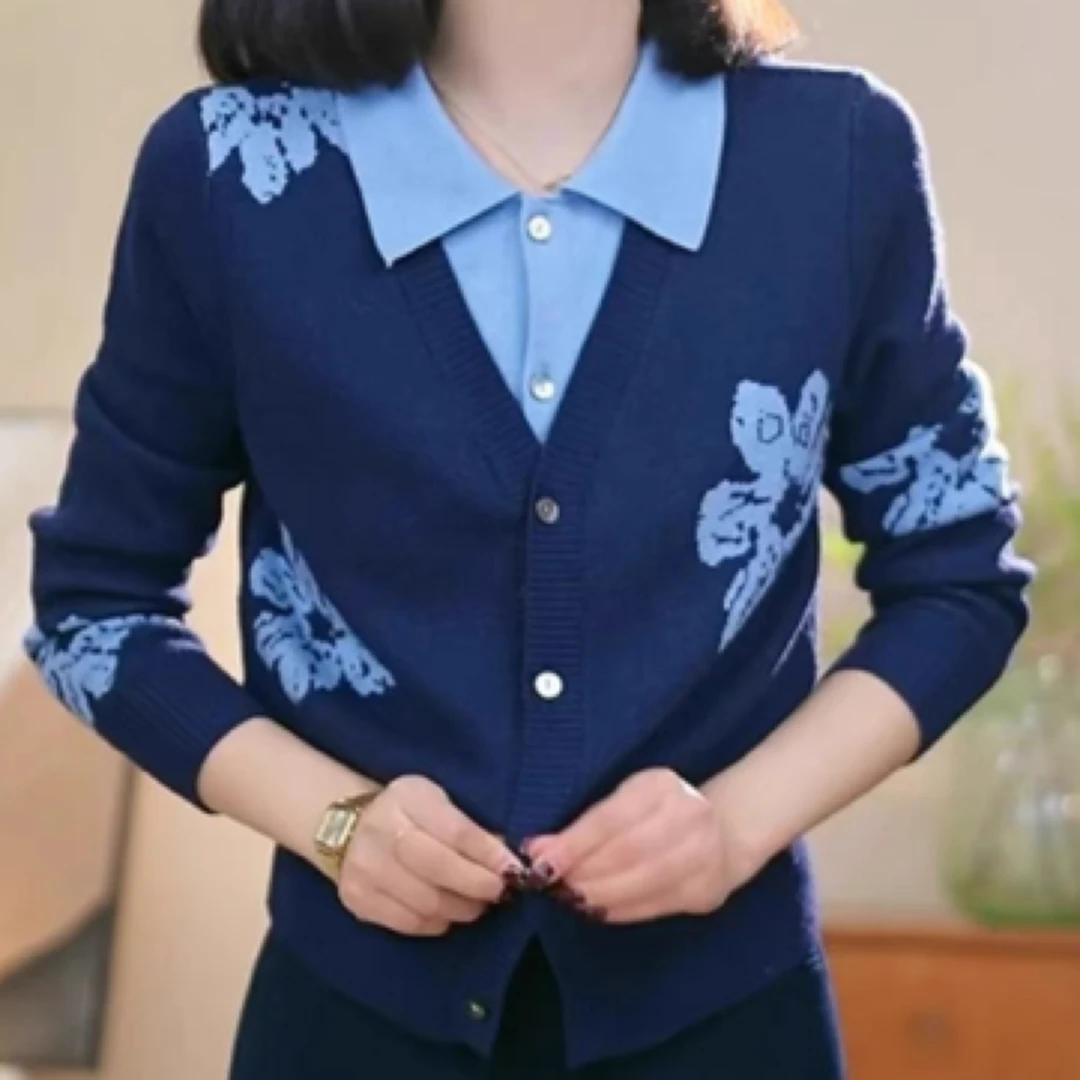 高级感假两件撞色花朵针织衫女秋冬新款毛衣开衫气质百搭长袖上衣