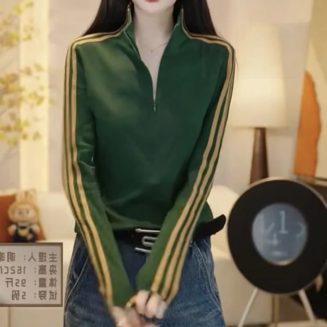 小立领长袖条纹千金风拉链立领T恤秋季半拉链气质秋冬