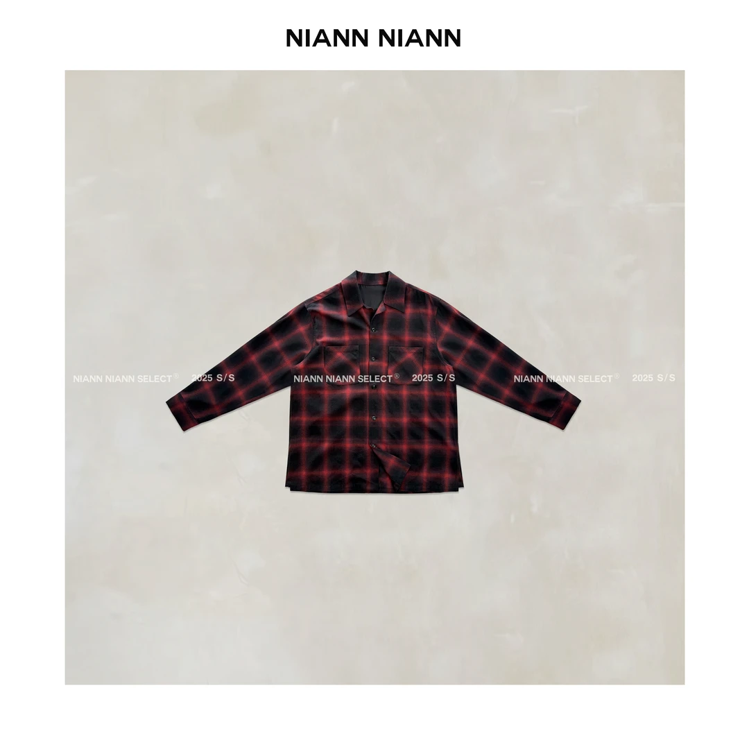 NiannNiann 新品女装复古双口袋长袖红格纹宽松衬衫15189