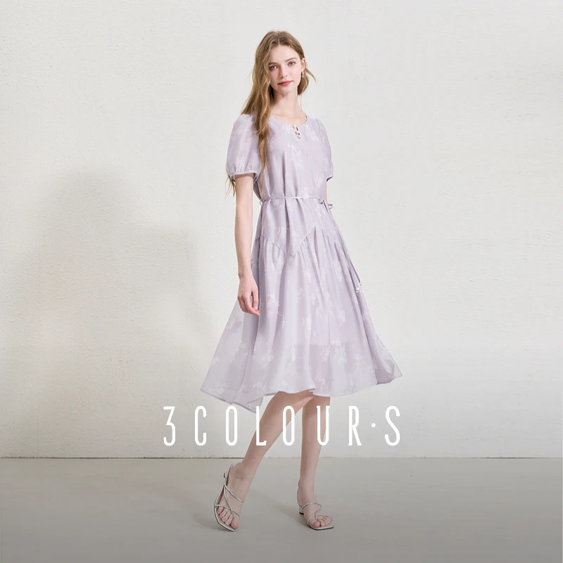 三彩2025夏季新款碎花短袖连衣裙法式A字裙泡泡袖宽松中长裙女S