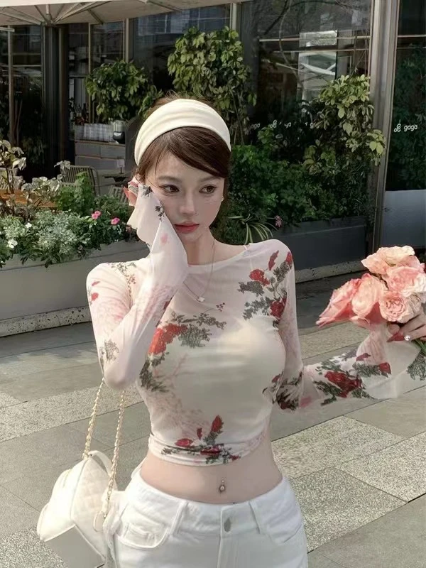 【晨浠定制】新款时尚设计感花网纱冰丝上衣365