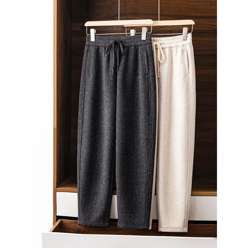 高端时尚软毛呢裤子女秋季宽松休闲显瘦萝卜哈伦裤镰刀直筒奶奶裤