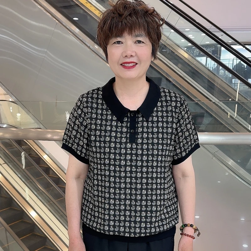8802 夏季中老年洋气妈妈装休闲提花百搭短袖翻领上衣