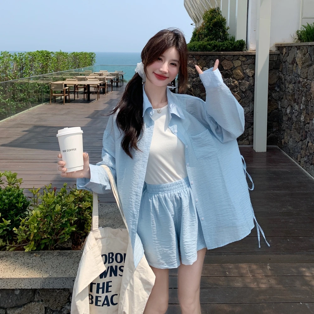 蓝色防晒长袖衬衫甜辣chic两件套女夏季活泼时尚今年流行短裙套装