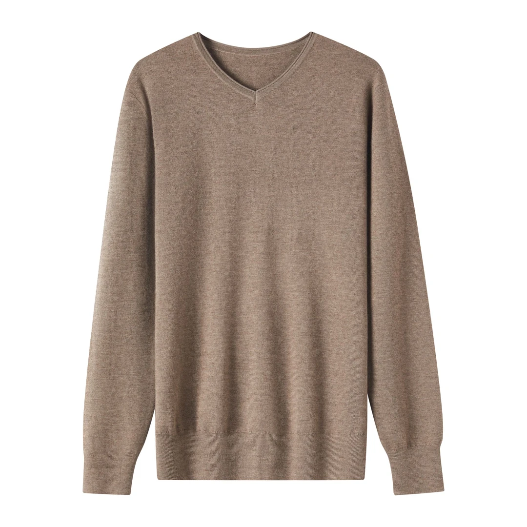 【欧诗莲】新款羊绒v领纯色秋冬针织长袖男款四平针精纺打底衫6639