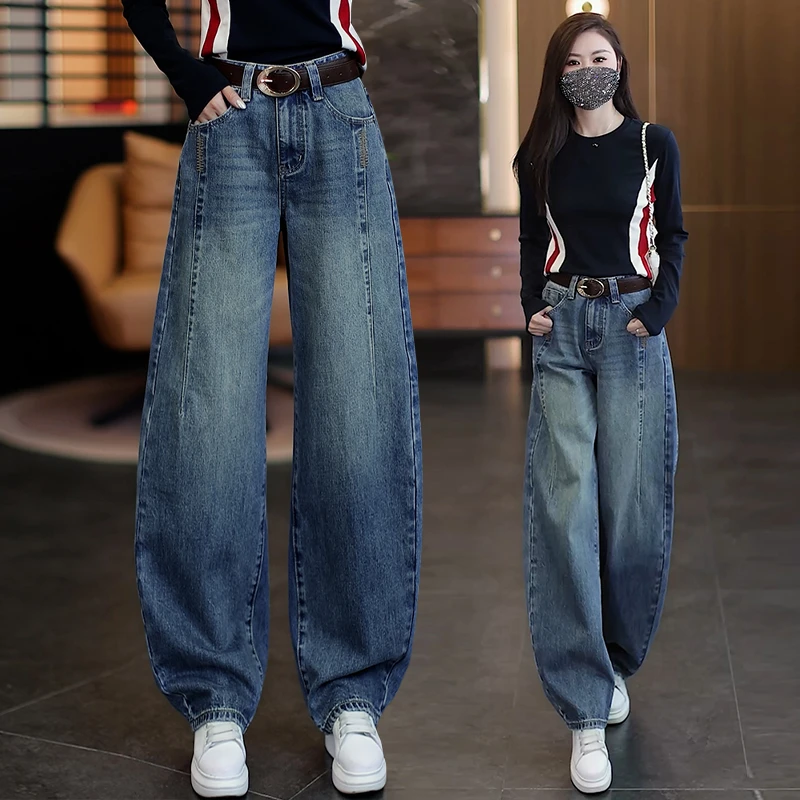 蓝色弯刀牛仔裤女秋季2025年新款小个子美式复古做旧阔腿香蕉裤子