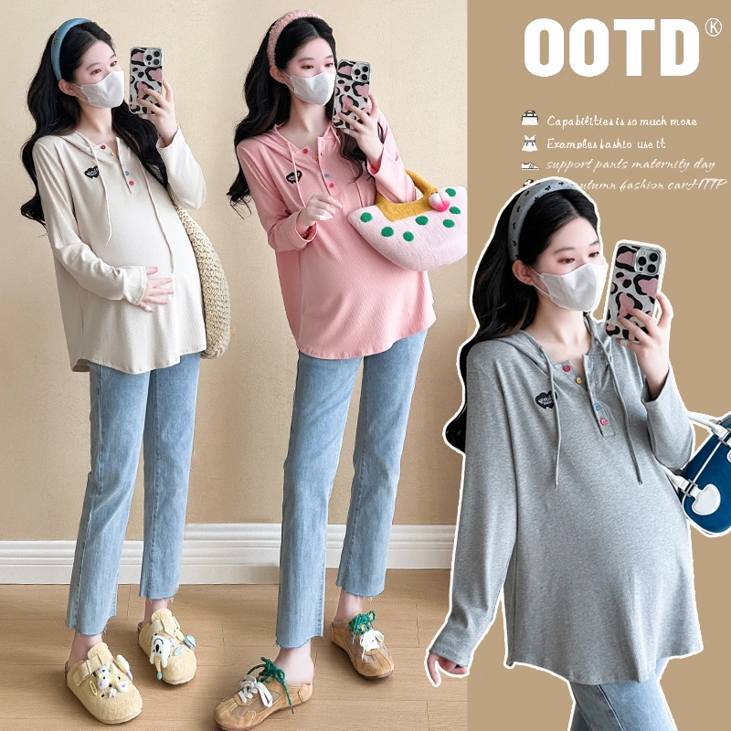 145-155矮小个子孕妇连帽上衣春装甜美宽松打底衫T恤减龄新款春秋