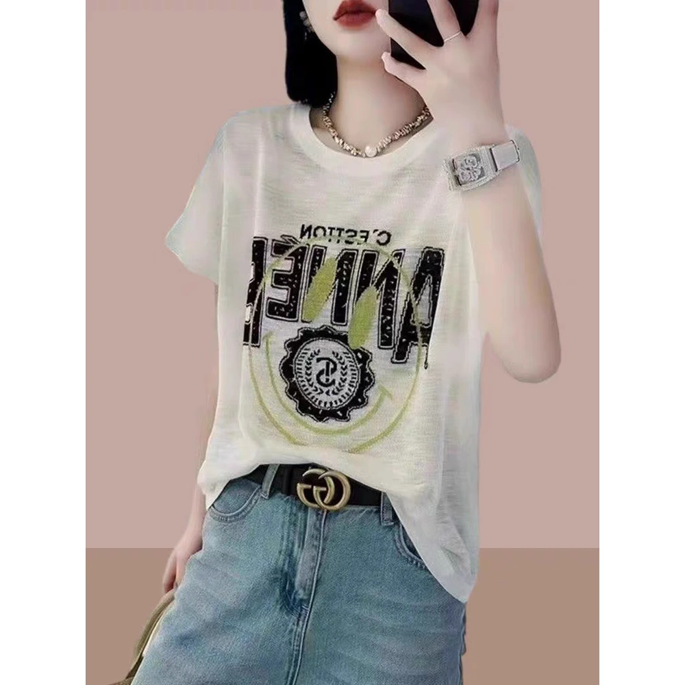 欧货冰丝竹节棉短袖T恤女夏季高端大气欧洲站胖大版大码白色上衣