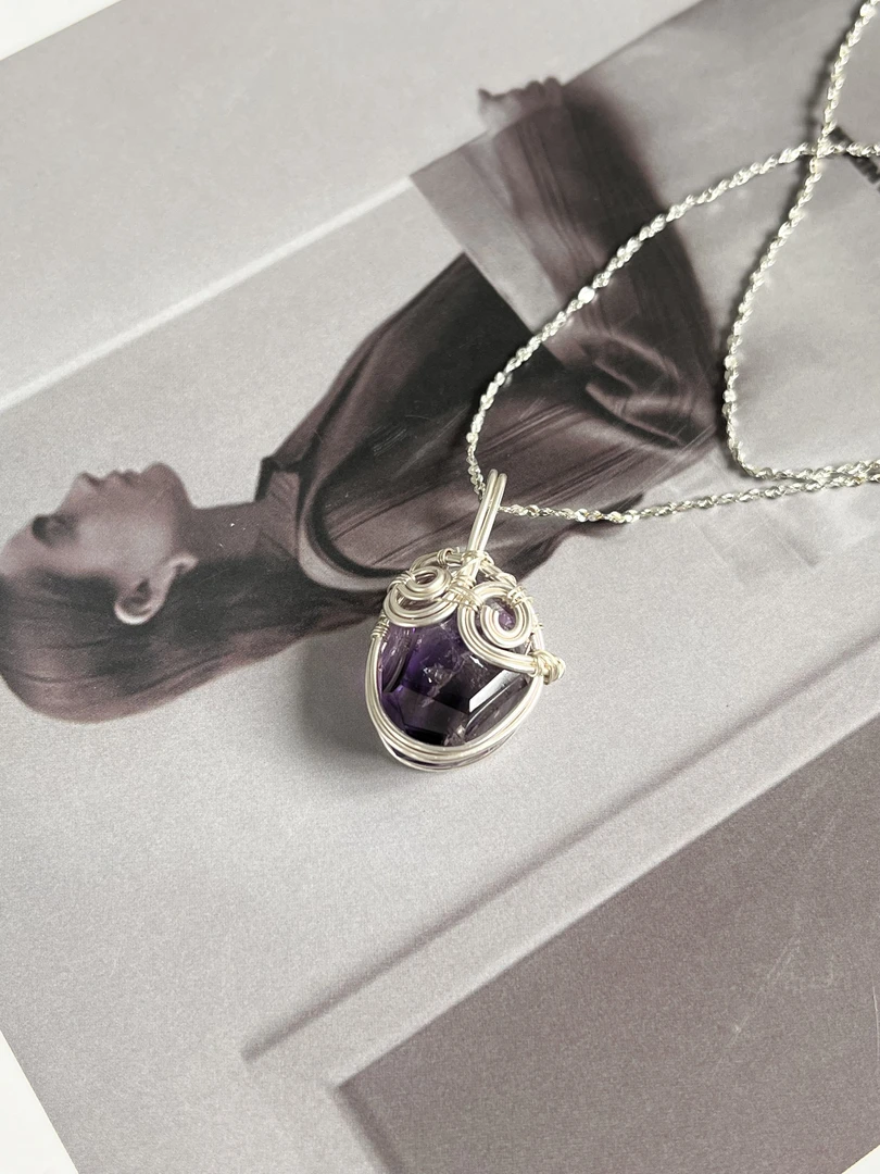 天然水晶手工绕线吊坠小众高级天然超七紫梅随形绕线项链 可定制