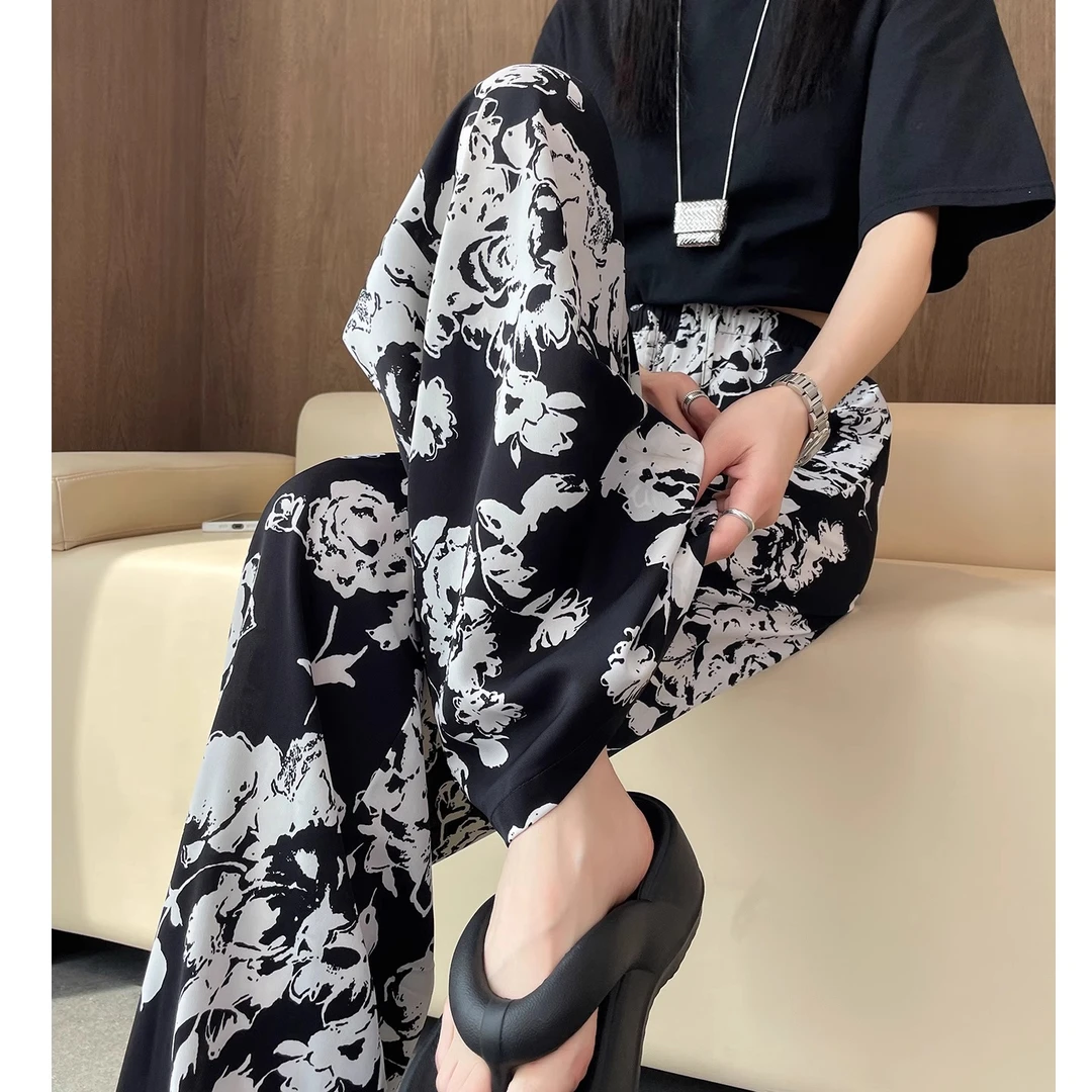 印花冰丝阔腿裤女夏季薄款2025新款高腰垂感显瘦慵懒风休闲直筒裤