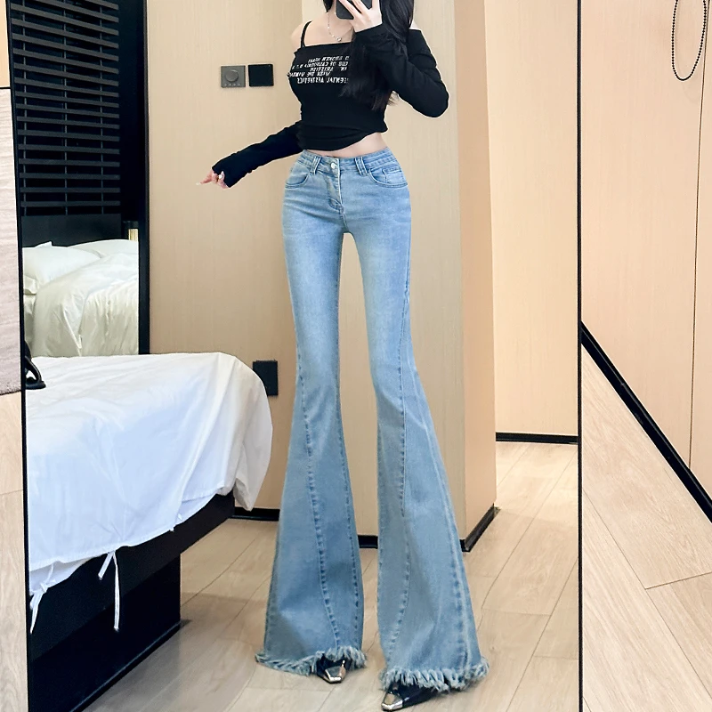 流苏中高腰微喇牛仔裤女修身2025秋季新款显瘦显高弹力垂感喇叭裤