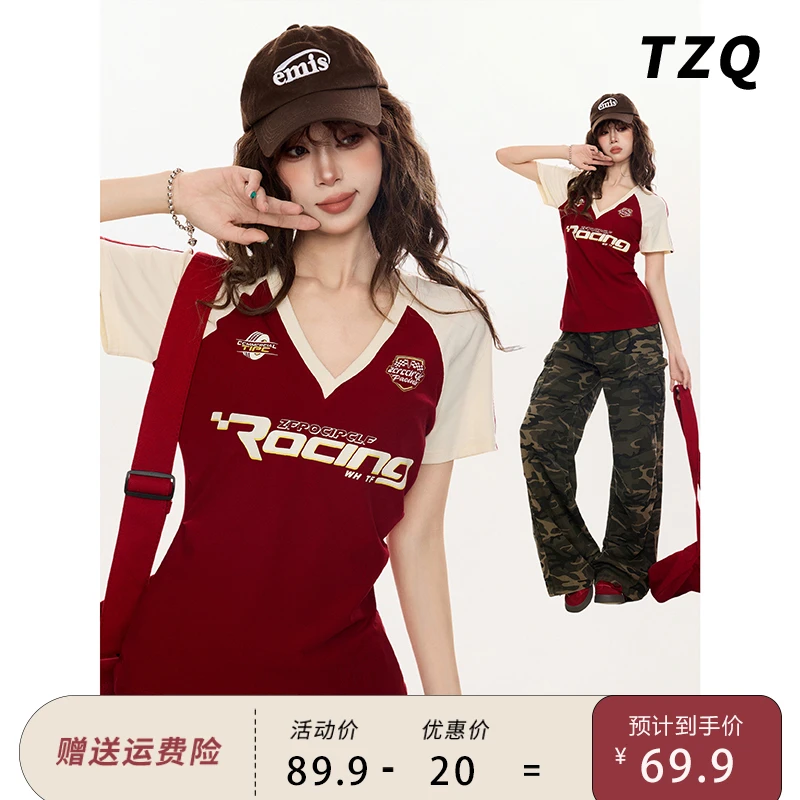 美式辣妹红色插肩v领短袖t恤女夏夏季修身收腰球衣设计感小众上衣