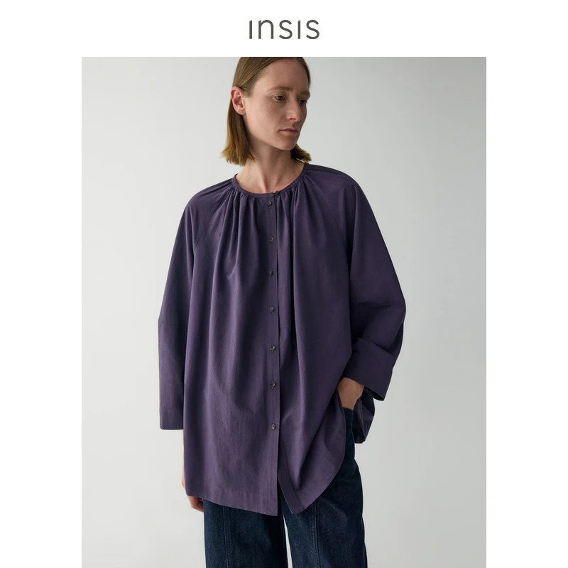 INSISFEMME新中式丝绵竹纤维2025春季抽褶上衣圆领八分袖衬衫女