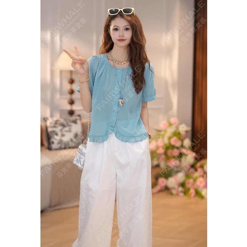 马克华菲女装夏季2025法式减龄显瘦通勤上衣女时尚花边气质衬衫 S