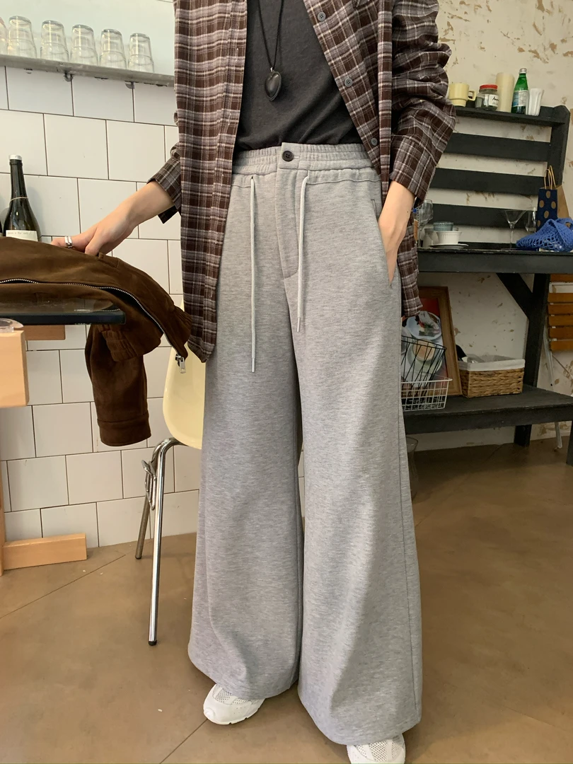 BUBBLE-009-韩系直筒松紧腰抽绳阔腿休闲卫裤K【裤长103】