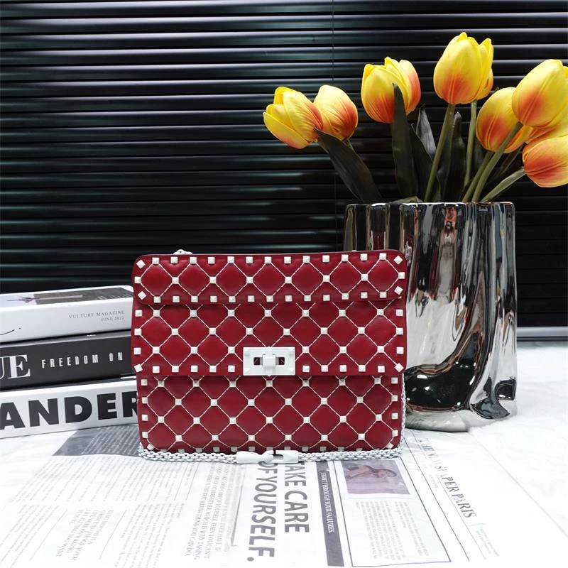 95新 Valentino/华伦天奴 红白色菱格铆钉 链条包T_ZY0000420599