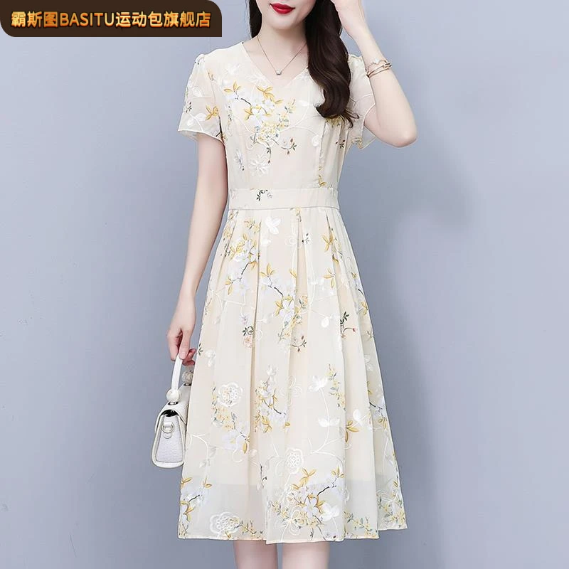 刺绣雪纺连衣裙2025新款女装夏季高端精致小个子气质妈妈夏天裙子