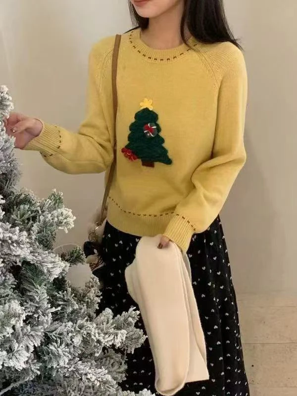 立体刺绣圣诞树立体装饰可爱圣诞款针织衫毛衣7872