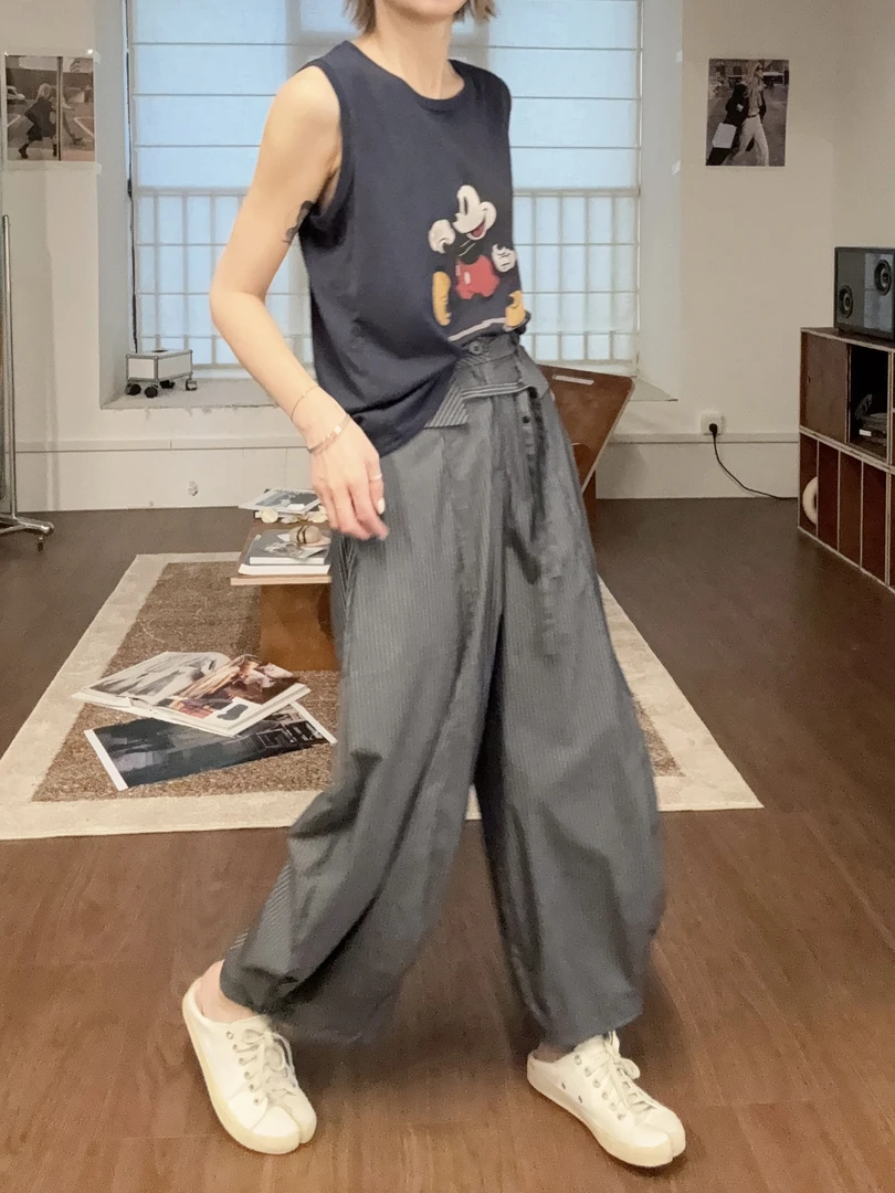 2025设计感双腰头条纹木匠气球裤百搭宽松显瘦休闲直筒阔腿裤K72