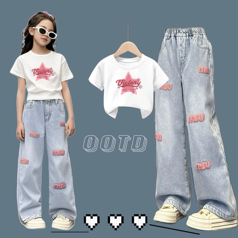 公主风女童2025新款夏季中大童T恤休闲短袖儿童牛仔裤两件套套装