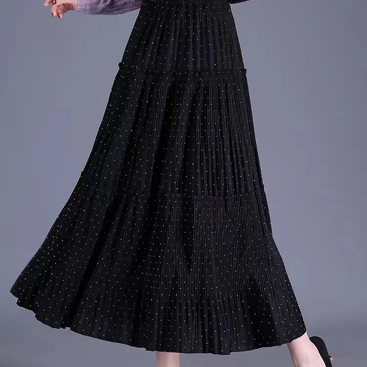 气质烫钻高腰半身裙秋季通勤百搭显瘦丝绒A字裙中长款时尚半裙