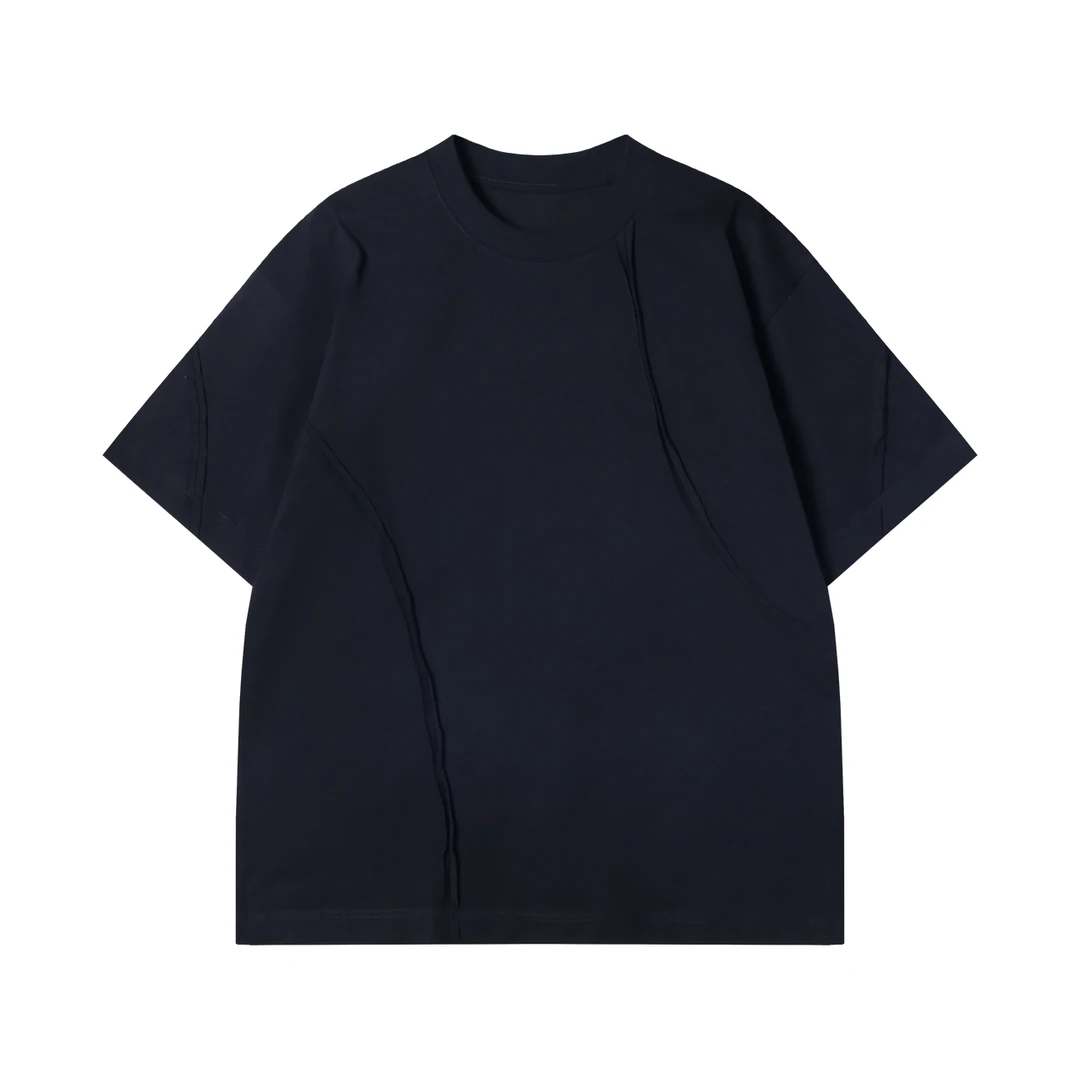 夏季高级感新款美式纯色不规则裁剪圆领短袖T恤简约情侣上衣