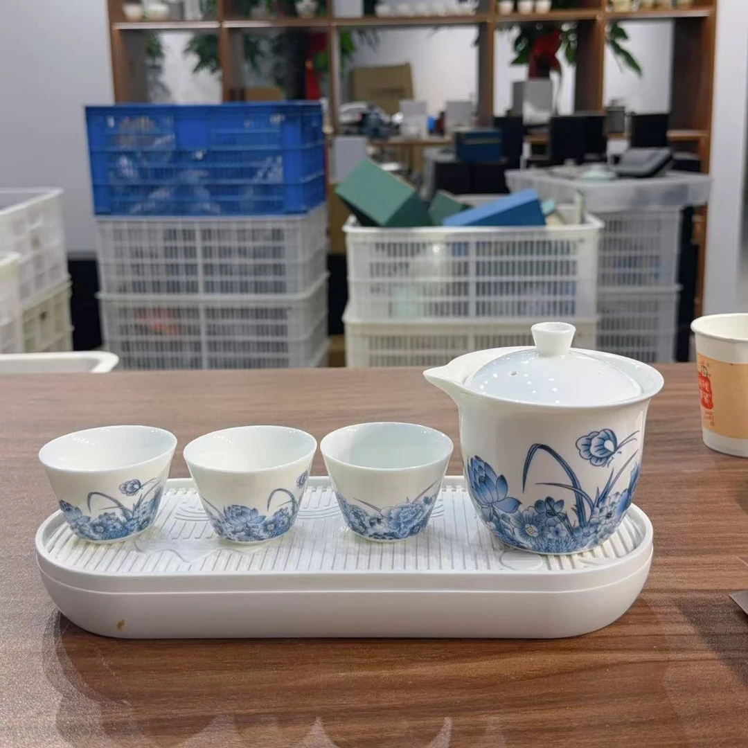 C81羊脂玉瓷万花一壶三杯带茶盘