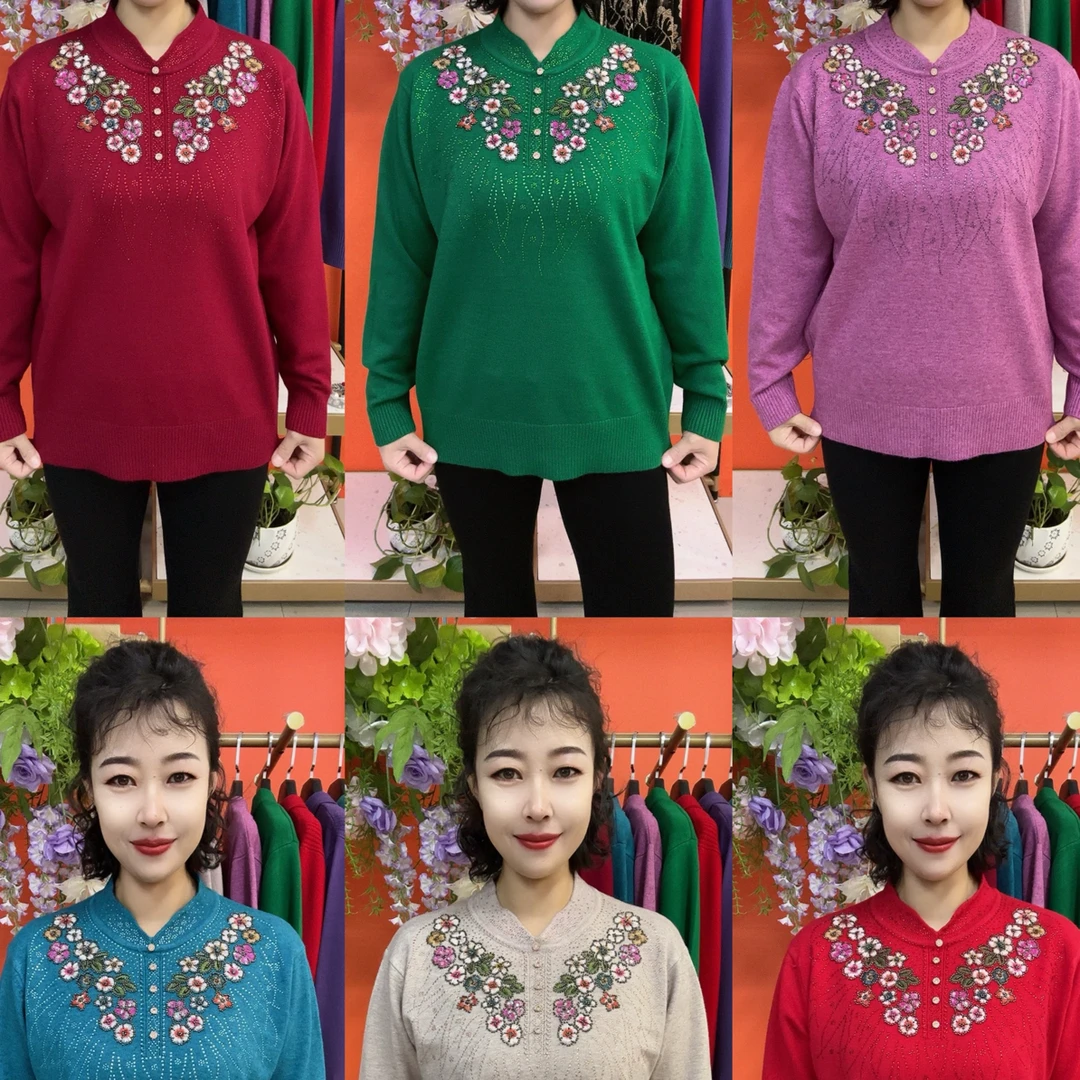 旗袍领五扣绣花妈妈衫