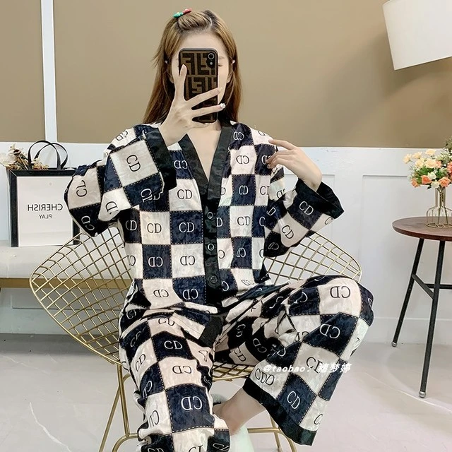 金丝绒睡衣女士春秋冬季新款高级感轻奢时尚格子金钻绒家居服套装