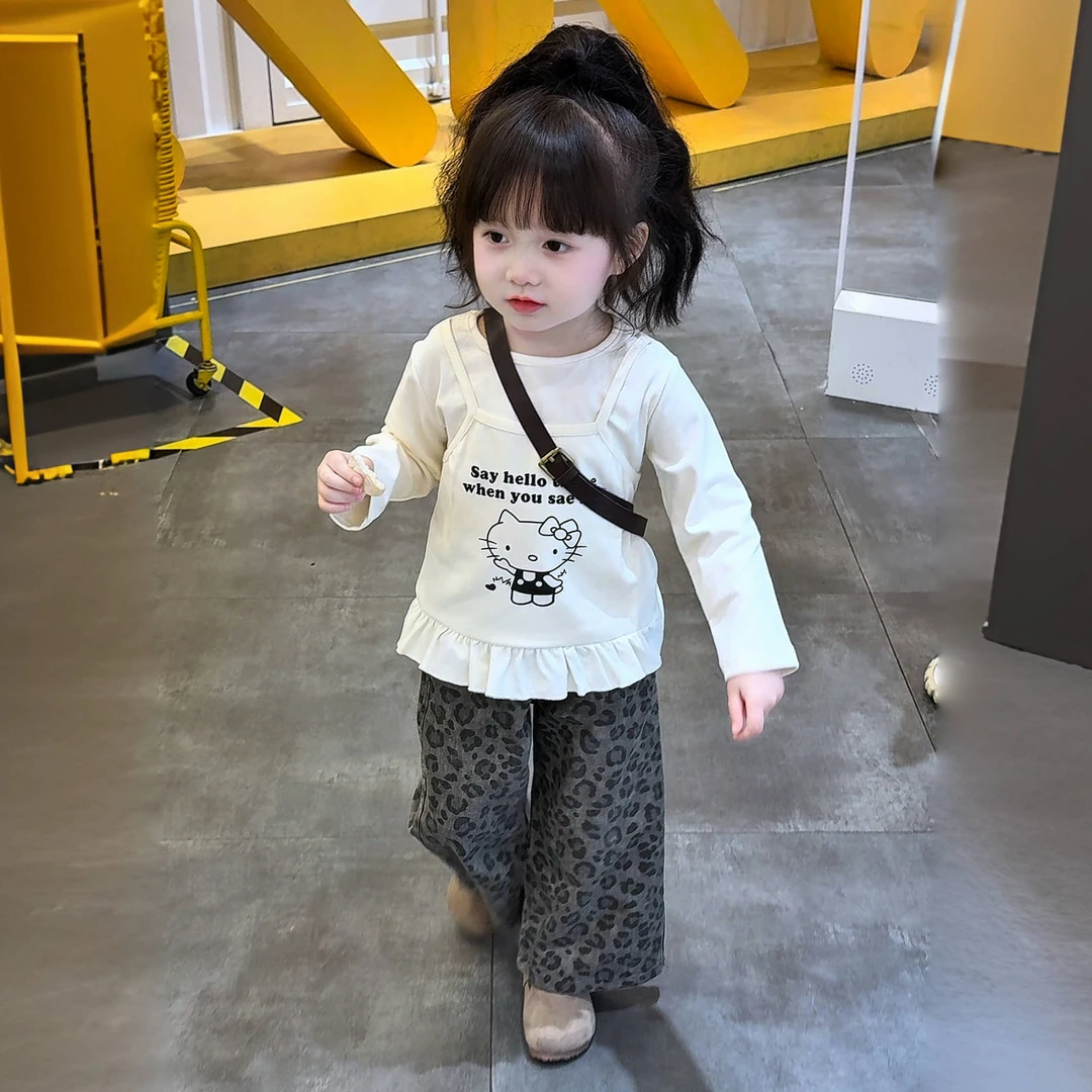 韩系女童早秋kt猫假两件花边上衣配超洋气豹纹直筒裤休闲套装儿童
