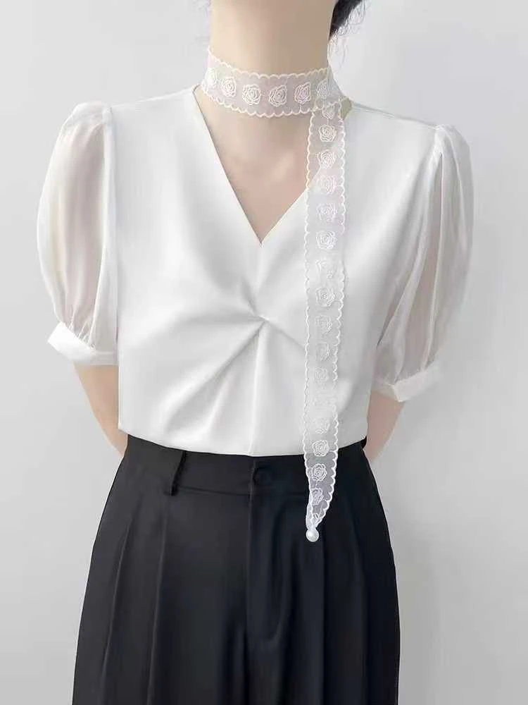 6868 【带丝带】短袖夏季娃娃领重工衬衫白色风初恋风 F347 三楼