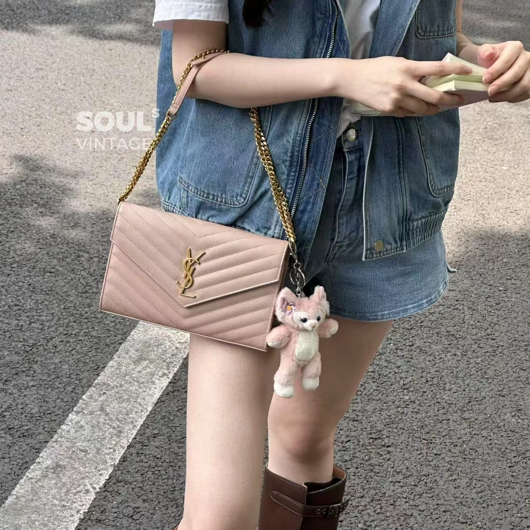 95新 YSL/圣罗兰 Ysl 粉金 牛皮 信封链条包/694442535