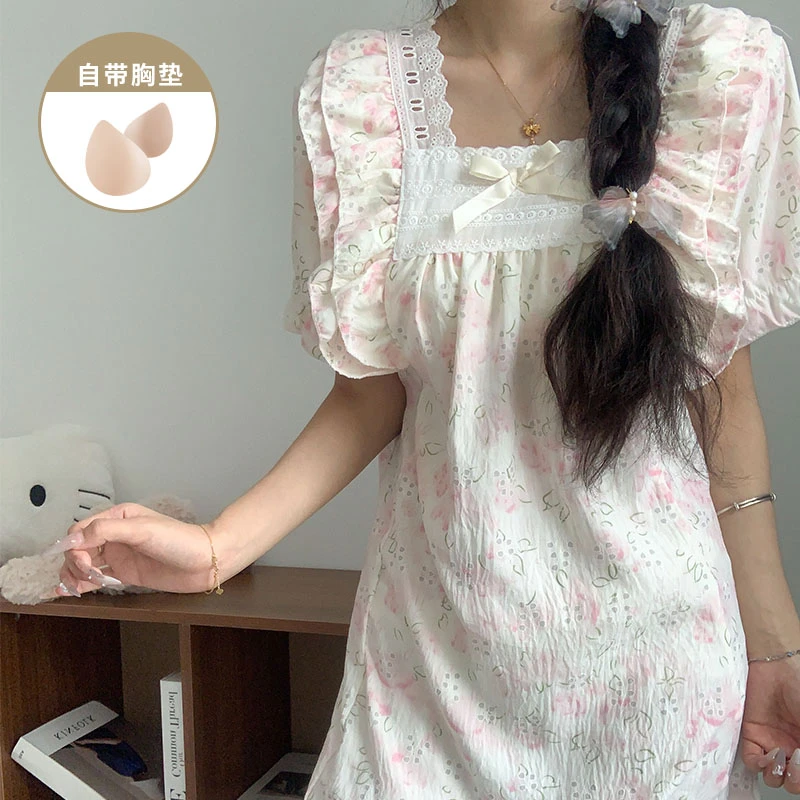 甜美风花朵带胸垫短袖睡裙女款夏季爆款法式连衣裙睡衣女士家居服