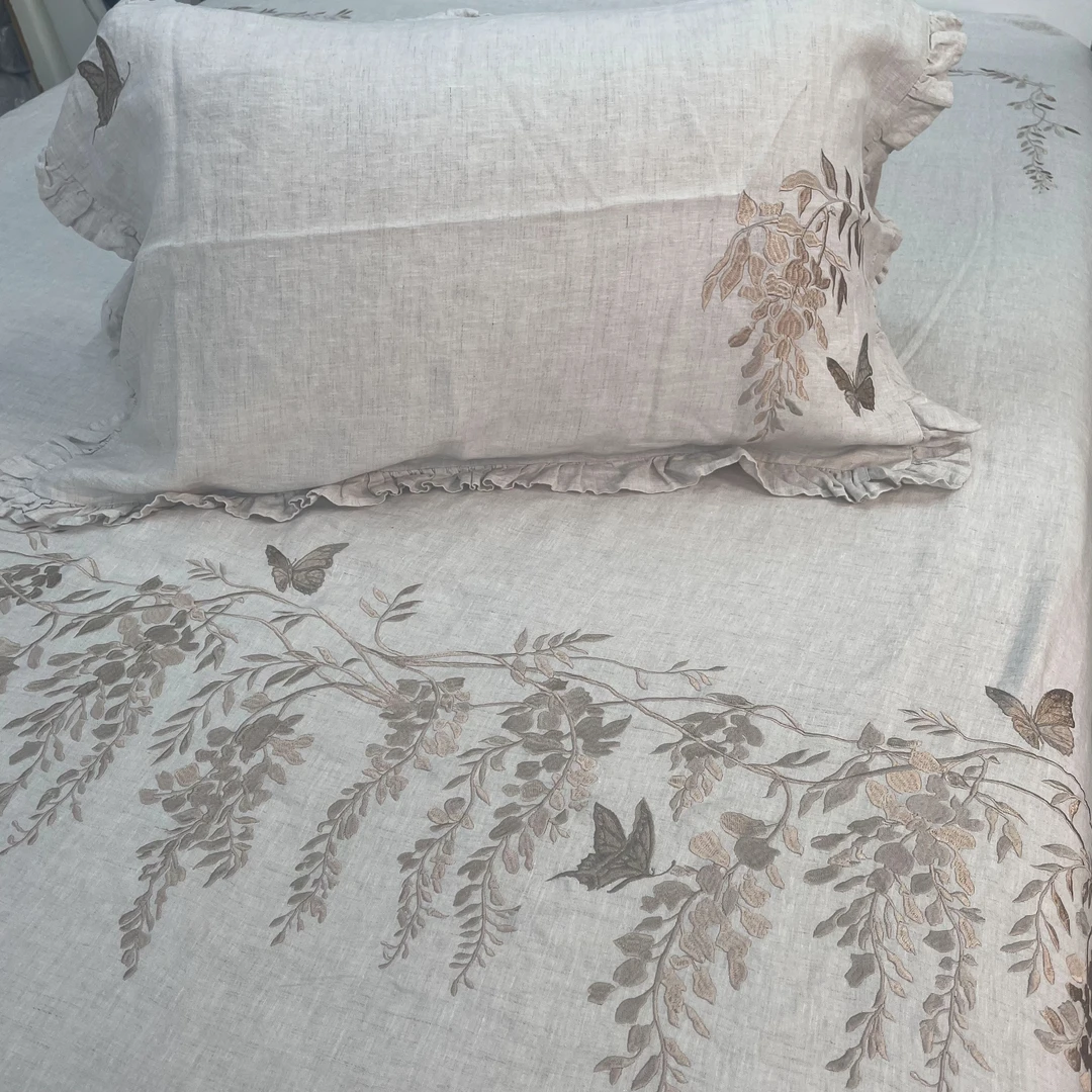 【梁祝】原麻色100%汉麻雨露麻刺绣四件套15支